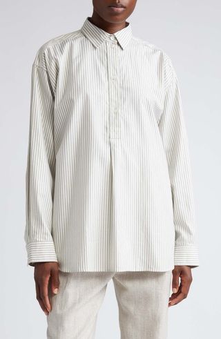 Boxy Fit Stripe Organic Cotton Oxford Popover Shirt