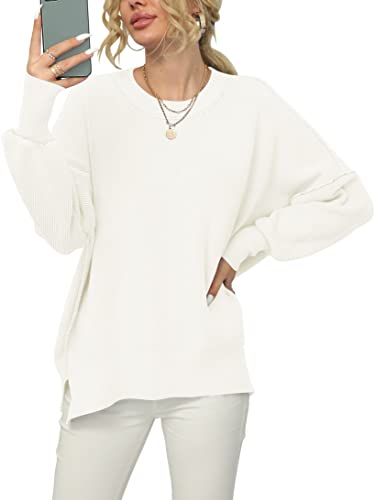 ANRABESS Women's Casual Long Sleeve Oversized Crew Neck Solid Color Side Slit Loose Warm Knit Pullover 2023 Fall Sweater Tops White A305baise-M