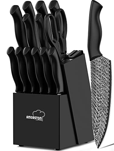 Amorston Knife Set, 15 Pieces Kitchen Knife Set with Built in Knife Sharpener Block, Dishwasher Safe, German Stainless Steel Knife Block Set