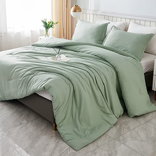 Litanika Queen Comforter Set Sage Green, 3 Pieces Boho Lightweight Solid Bedding Comforters & Sets, Double Down Alternative Comforter Bed Set Quilt Blanket (90x90In Comforter & 2 Pillowcases)