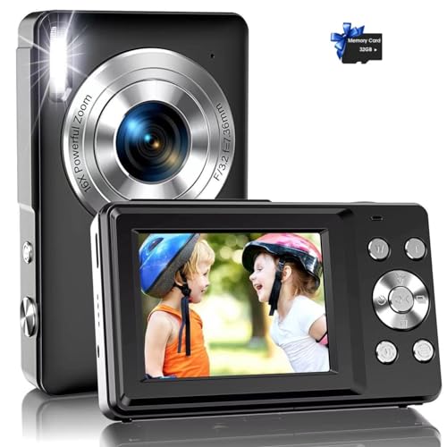 Digital Camera, FHD 1080P Digital Camera for Kids with 32GB Card, 16X Zoom, Flashlight, 44MP Compact Point and Shoot Cameras Portable Small Digital Camera for Teens, Students, Boys Girls, Black