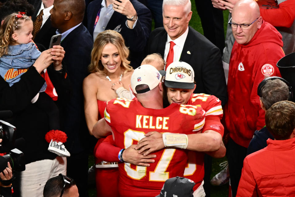 Kansas City Chiefs' Travis Kelce hugs quarterback Patrick Mahomes after the win.