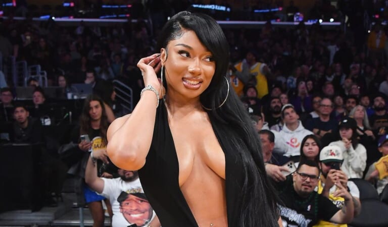 Megan Thee Stallion Rocks Plunging Top and Neon Birkin at Lakers Game