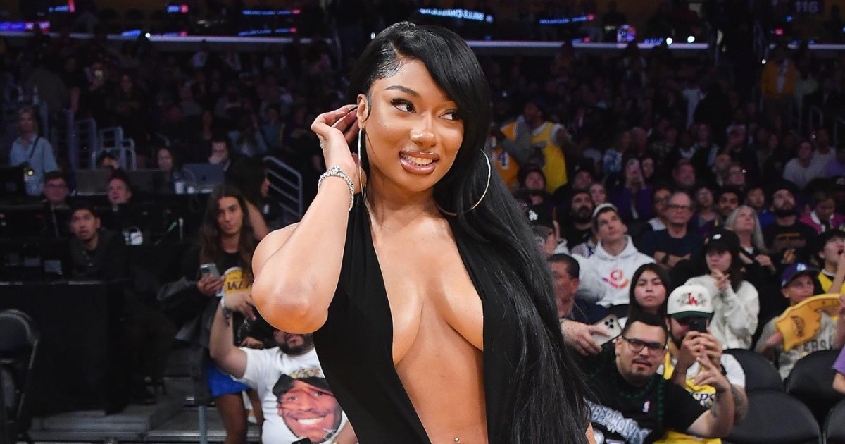 Megan Thee Stallion Rocks Plunging Top and Neon Birkin at Lakers Game